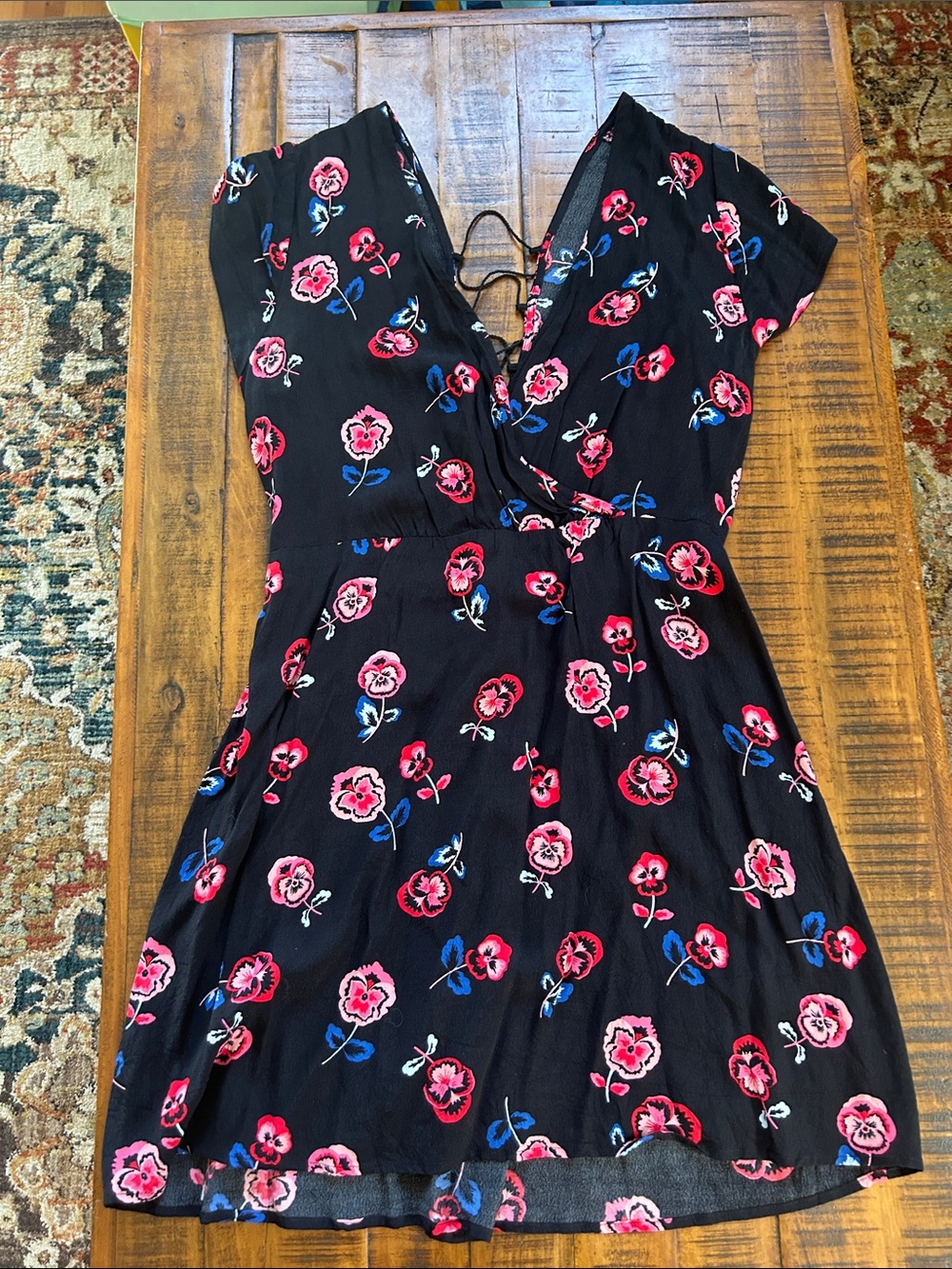 Express Black V-Neck Floral Dress with Pink & Blue Blooms